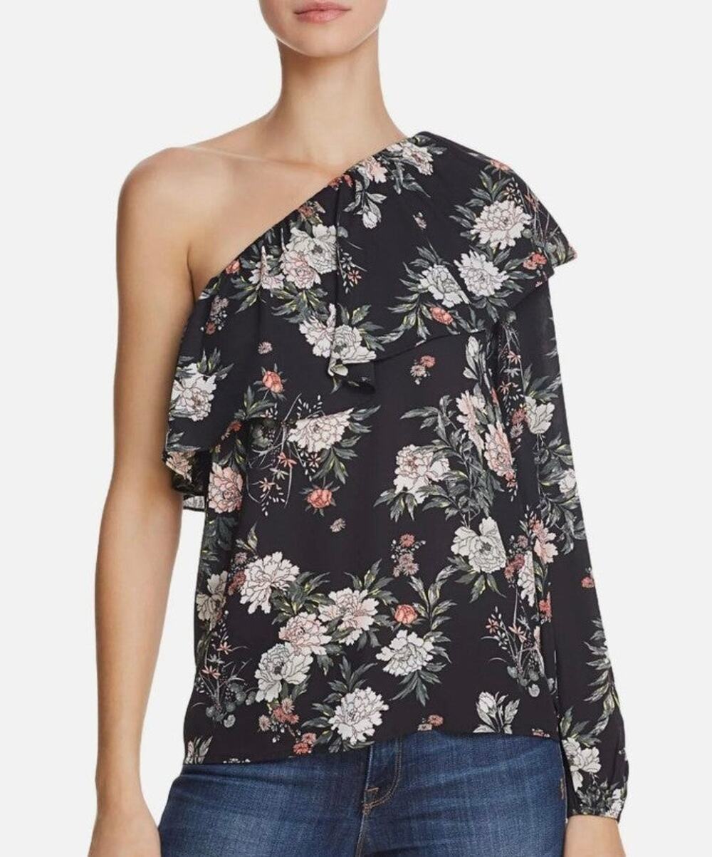 Aqua One Shoulder Long Floral Sleeve Ruffled Top Blouse Black Size XS
